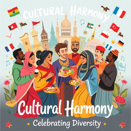 A vibrant and colorful poster showcasing a diverse group of individuals from various ethnic backgrounds engaging in a cultural exchange