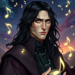 A detailed portrait of a male character inspired by a blend of Harry Potter's Severus Snape and a harmonic theme