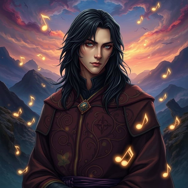 A detailed portrait of a male character inspired by a blend of Harry Potter's Severus Snape and a harmonic theme