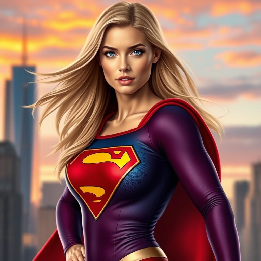 A realistic portrayal of Supergirl, featuring her in a dynamic superhero pose