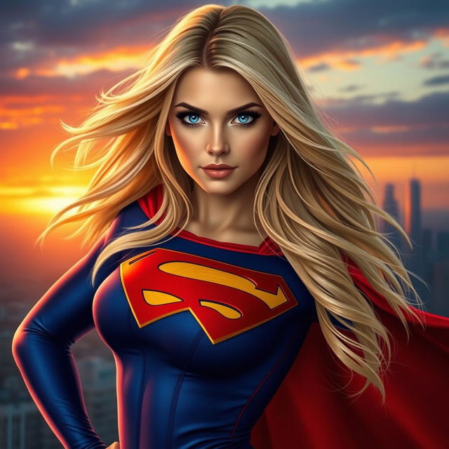 A realistic portrayal of Supergirl, featuring her in a dynamic superhero pose