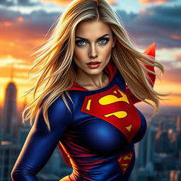 A realistic portrayal of Supergirl, featuring her in a dynamic superhero pose