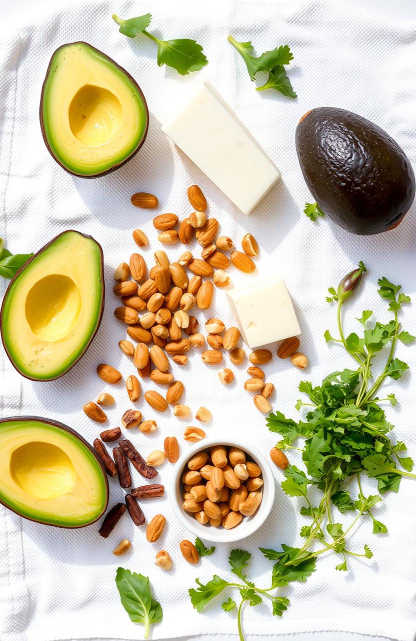 A flat lay image of a white towel featuring various ketogenic diet ingredients such as avocados, cheese, and nuts neatly arranged around a few scattered leaves of arugula and watercress
