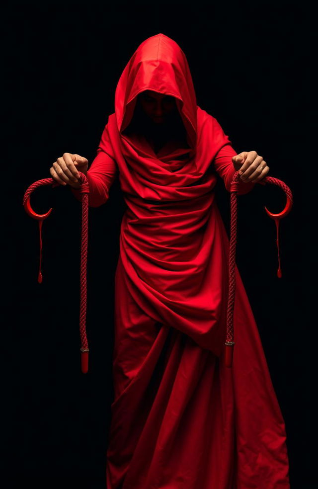 A striking image featuring a red character beautifully wrapped in flowing red cloth, standing against a completely black background
