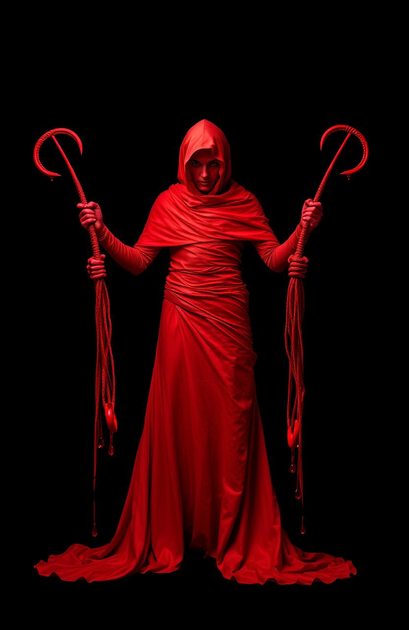 A striking image featuring a red character beautifully wrapped in flowing red cloth, standing against a completely black background