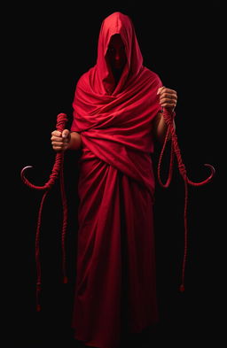 A striking image featuring a red character beautifully wrapped in flowing red cloth, standing against a completely black background