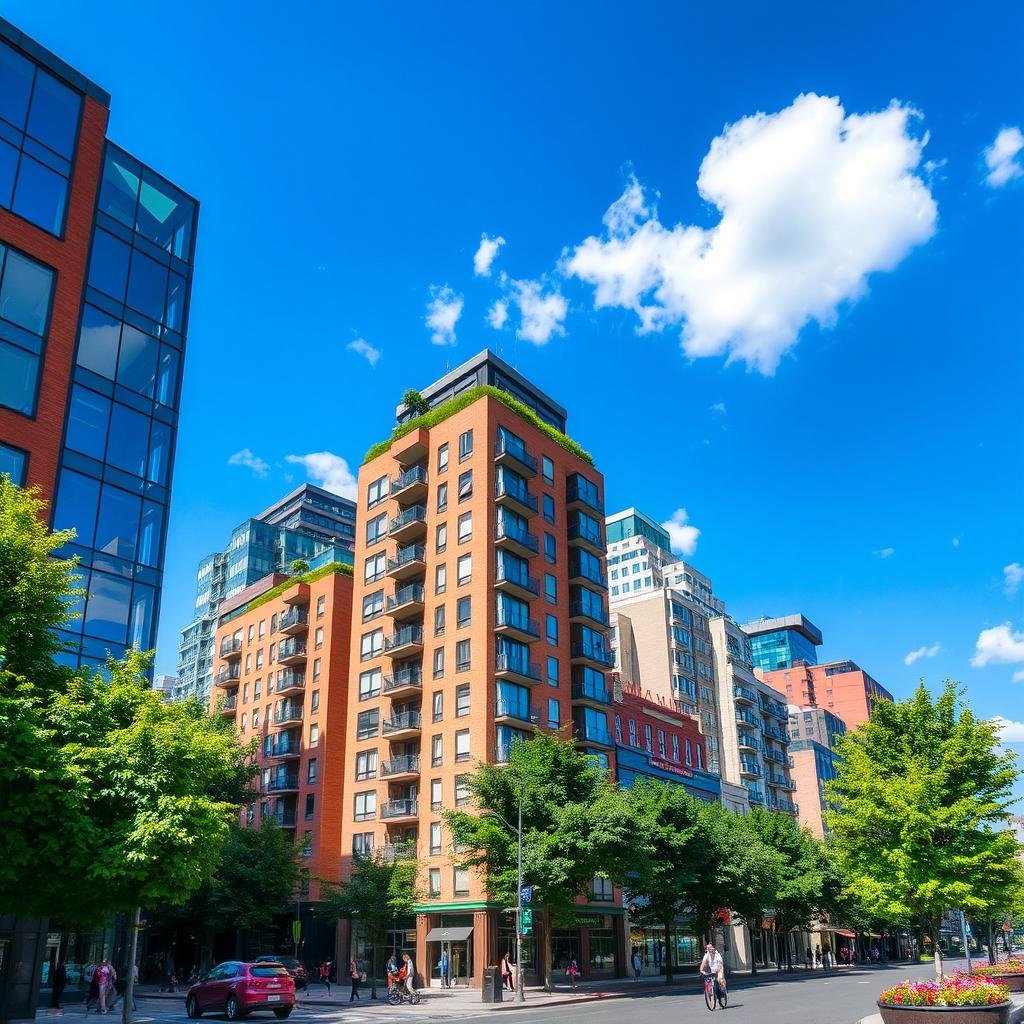 A vibrant cityscape featuring a group of modern and colorful buildings prominently displayed