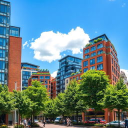A vibrant cityscape featuring a group of modern and colorful buildings prominently displayed
