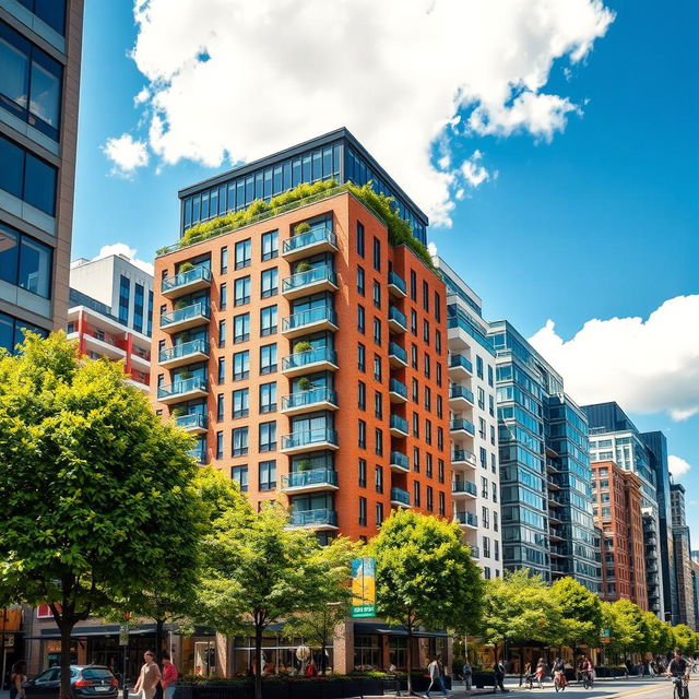 A vibrant cityscape featuring a group of modern and colorful buildings prominently displayed