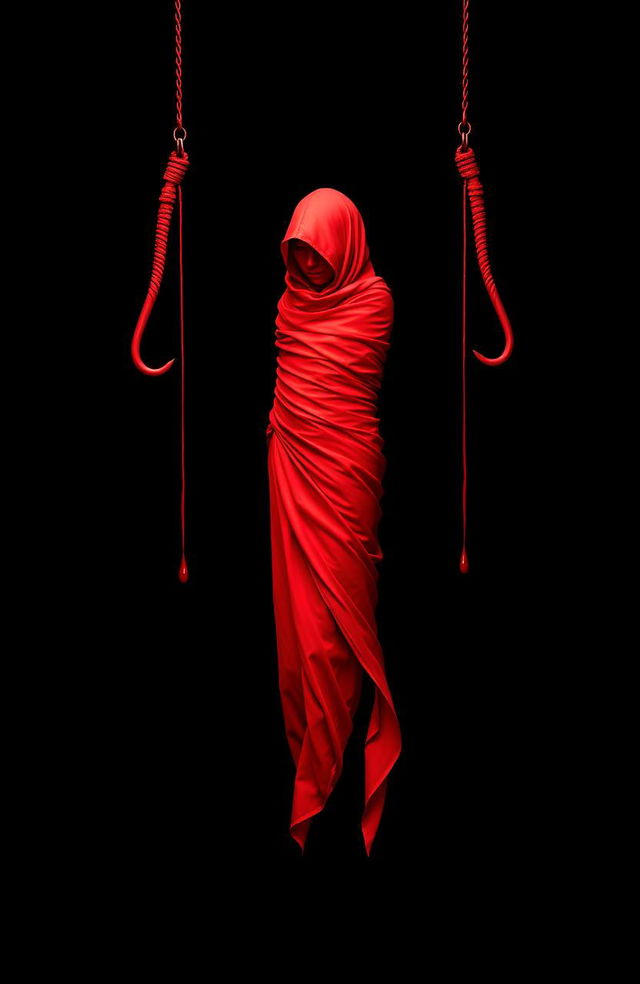 A striking image featuring a red character completely wrapped in flowing red cloth against an all black background