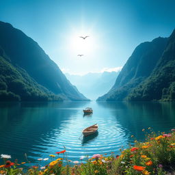 A stunning, harmonious landscape featuring a serene lake surrounded by lush, green mountains under a clear blue sky