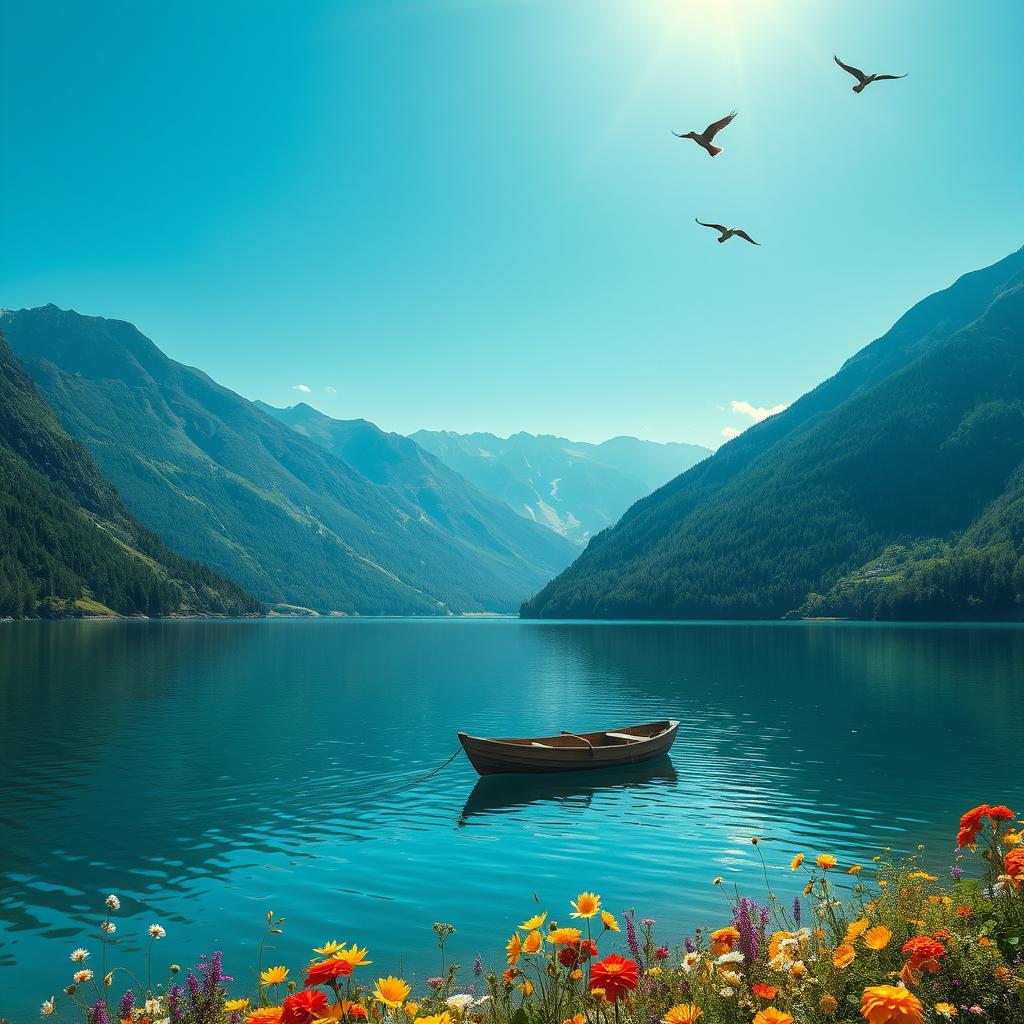 A stunning, harmonious landscape featuring a serene lake surrounded by lush, green mountains under a clear blue sky