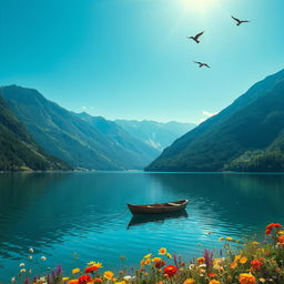 A stunning, harmonious landscape featuring a serene lake surrounded by lush, green mountains under a clear blue sky