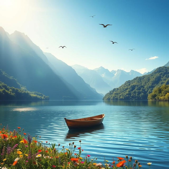 A stunning, harmonious landscape featuring a serene lake surrounded by lush, green mountains under a clear blue sky
