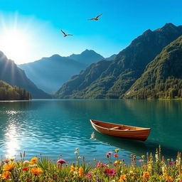 A stunning, harmonious landscape featuring a serene lake surrounded by lush, green mountains under a clear blue sky