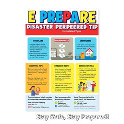 A vibrant and informative flyer about disaster preparedness featuring a bold header that reads 'Be Prepared: Disaster Preparedness Tips!' in eye-catching fonts