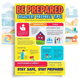A vibrant and informative flyer about disaster preparedness featuring a bold header that reads 'Be Prepared: Disaster Preparedness Tips!' in eye-catching fonts