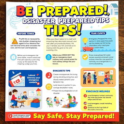 A vibrant and informative flyer about disaster preparedness featuring a bold header that reads 'Be Prepared: Disaster Preparedness Tips!' in eye-catching fonts