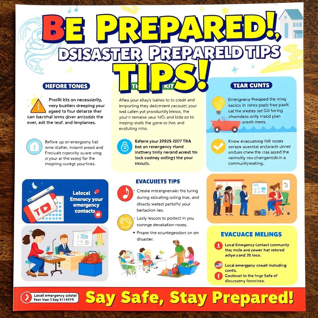 A vibrant and informative flyer about disaster preparedness featuring a bold header that reads 'Be Prepared: Disaster Preparedness Tips!' in eye-catching fonts