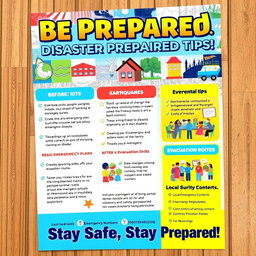 A vibrant and informative flyer about disaster preparedness featuring a bold header that reads 'Be Prepared: Disaster Preparedness Tips!' in eye-catching fonts