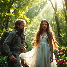 An adventurous explorer, dressed in rugged outdoor gear, discovers a stunning girl with long flowing hair in a vibrant green forest