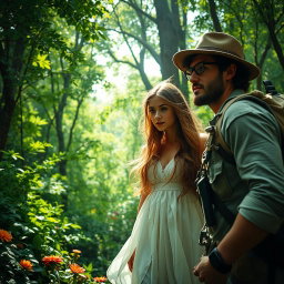 An adventurous explorer, dressed in rugged outdoor gear, discovers a stunning girl with long flowing hair in a vibrant green forest
