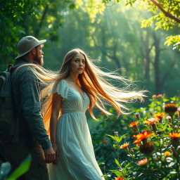 An adventurous explorer, dressed in rugged outdoor gear, discovers a stunning girl with long flowing hair in a vibrant green forest