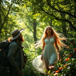 An adventurous explorer, dressed in rugged outdoor gear, discovers a stunning girl with long flowing hair in a vibrant green forest