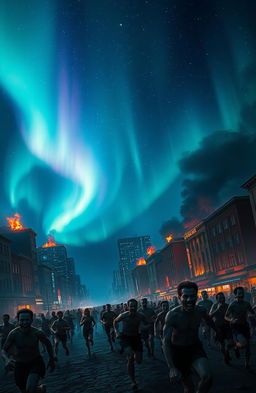 A night city engulfed in flames, with the sky illuminated by the mesmerizing colors of the Northern Lights covering the entire heavens