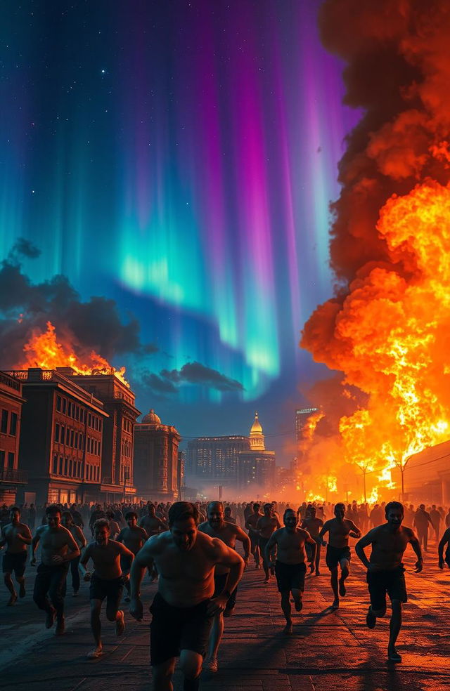 A night city engulfed in flames, with the sky illuminated by the mesmerizing colors of the Northern Lights covering the entire heavens