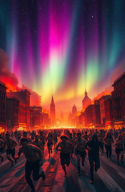A night city engulfed in flames, with the sky illuminated by the mesmerizing colors of the Northern Lights covering the entire heavens