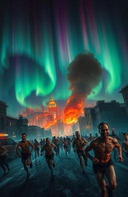 A night city engulfed in flames, with the sky illuminated by the mesmerizing colors of the Northern Lights covering the entire heavens