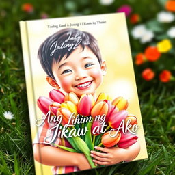 A whimsical and enchanting book cover featuring a young boy holding a bouquet of colorful tulips, radiating happiness and innocence