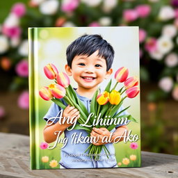 A whimsical and enchanting book cover featuring a young boy holding a bouquet of colorful tulips, radiating happiness and innocence