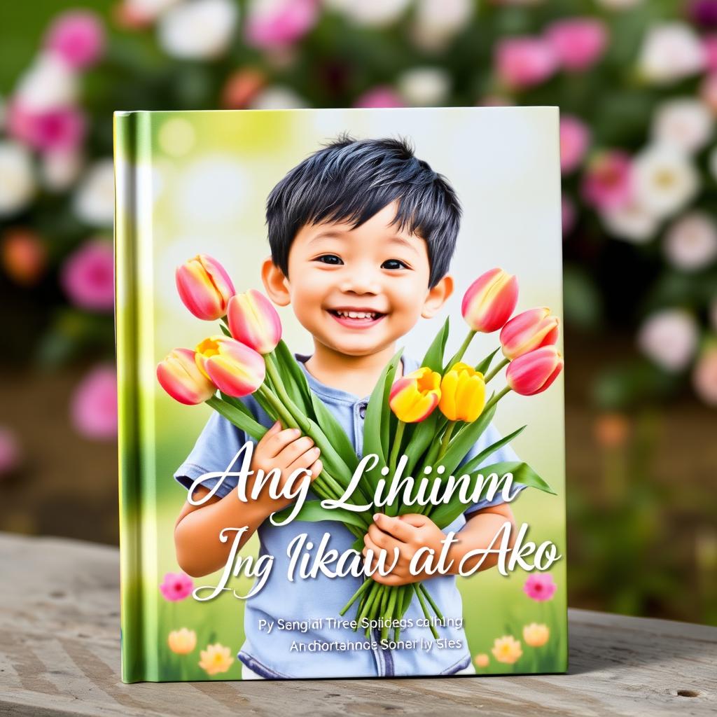 A whimsical and enchanting book cover featuring a young boy holding a bouquet of colorful tulips, radiating happiness and innocence