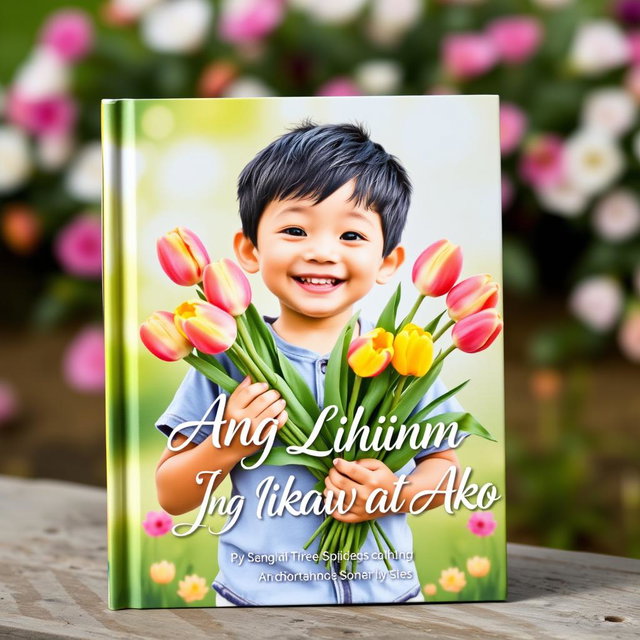 A whimsical and enchanting book cover featuring a young boy holding a bouquet of colorful tulips, radiating happiness and innocence