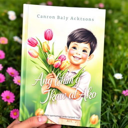 A whimsical and enchanting book cover featuring a young boy holding a bouquet of colorful tulips, radiating happiness and innocence