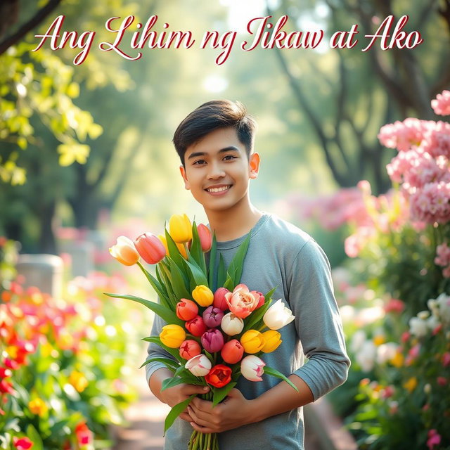 A young man standing confidently in a lush garden, holding a vibrant bouquet of tulips in a variety of colors, symbolizing beauty and love