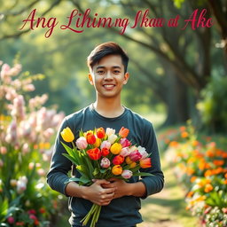 A young man standing confidently in a lush garden, holding a vibrant bouquet of tulips in a variety of colors, symbolizing beauty and love