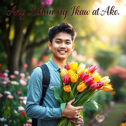 A young man standing confidently in a lush garden, holding a vibrant bouquet of tulips in a variety of colors, symbolizing beauty and love