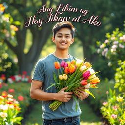A young man standing confidently in a lush garden, holding a vibrant bouquet of tulips in a variety of colors, symbolizing beauty and love