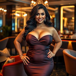 A voluptuous woman with large breasts, wearing a stunning, form-fitting cocktail dress that accentuates her curves, standing confidently in a luxurious lounge setting