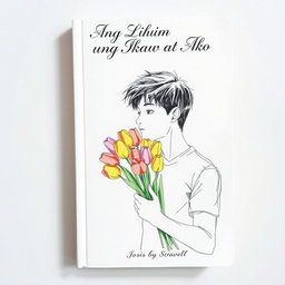 A book cover featuring a sketch of a young man gently holding a bouquet of colorful tulips, conveying a sense of tenderness and emotion