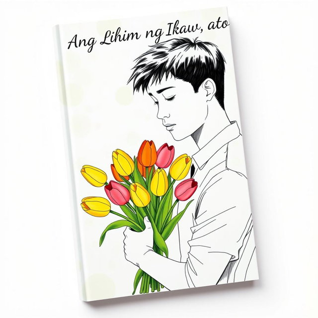 A book cover featuring a sketch of a young man gently holding a bouquet of colorful tulips, conveying a sense of tenderness and emotion