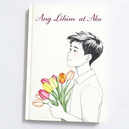 A book cover featuring a sketch of a young man gently holding a bouquet of colorful tulips, conveying a sense of tenderness and emotion