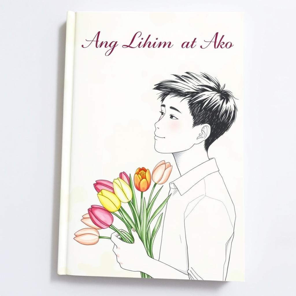 A book cover featuring a sketch of a young man gently holding a bouquet of colorful tulips, conveying a sense of tenderness and emotion