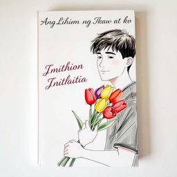 A book cover featuring a sketch of a young man gently holding a bouquet of colorful tulips, conveying a sense of tenderness and emotion