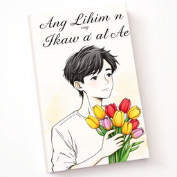 A book cover featuring a hand-drawn sketch style illustration of a young man holding a bouquet of colorful tulips