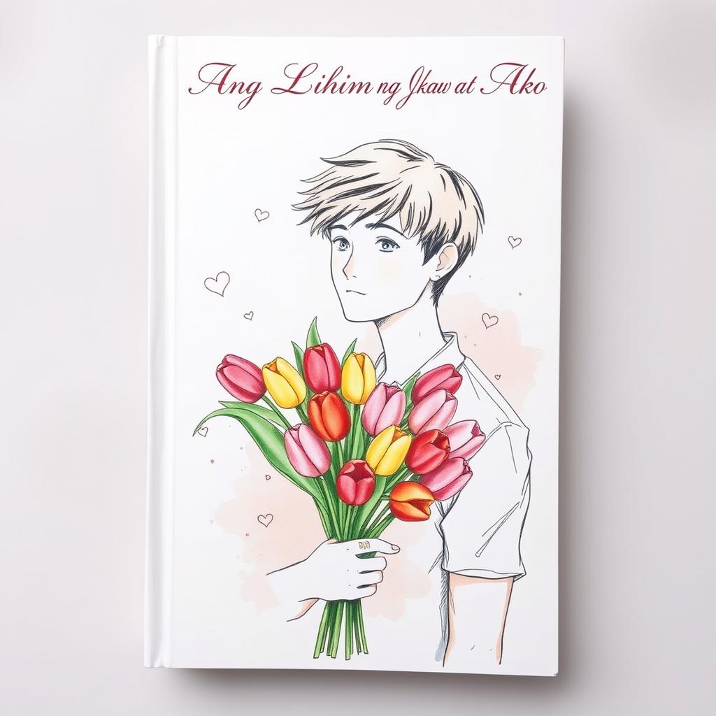 A book cover featuring a hand-drawn sketch style illustration of a young man holding a bouquet of colorful tulips
