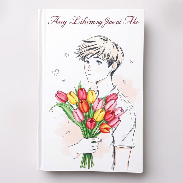 A book cover featuring a hand-drawn sketch style illustration of a young man holding a bouquet of colorful tulips